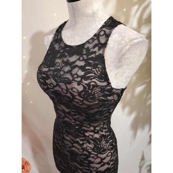 Vtg My Michelle Lace Sparkle Sheer Overlay Open Back Bodycon Dress 3 Y2K Black - Picture 6 of 14